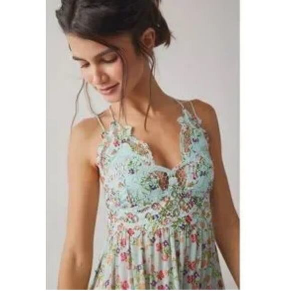Free People Adella Printed Floral Lace Mini Slip Dress Boho Festival L - Picture 2 of 10